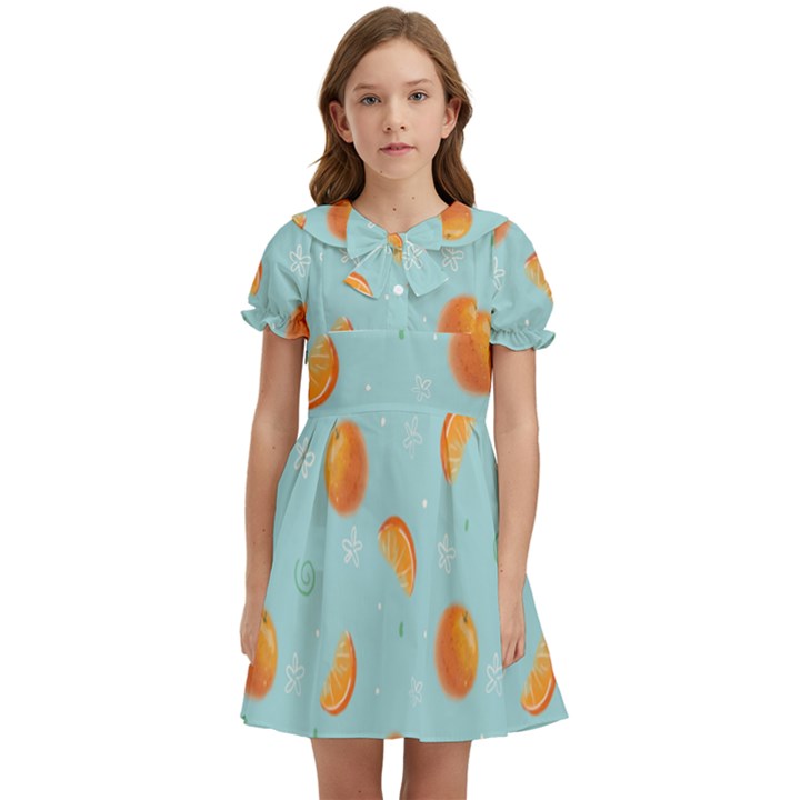 Oranges Pattern Kids  Bow Tie Puff Sleeve Dress