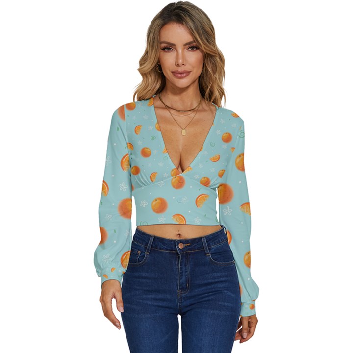 Oranges Pattern Long Sleeve Deep-V Velour Top