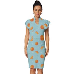 Oranges Pattern Vintage Frill Sleeve V-neck Bodycon Dress by SychEva