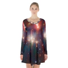 Astrology Astronomical Cluster Galaxy Nebula Long Sleeve Velvet V-neck Dress by Jancukart