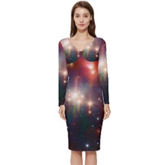 Astrology Astronomical Cluster Galaxy Nebula Long Sleeve V-neck Bodycon Dress 