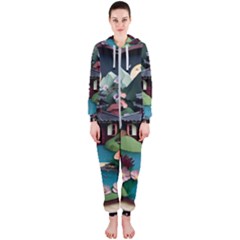 Japanese Garden Flowers Landscape Hooded Jumpsuit (ladies)