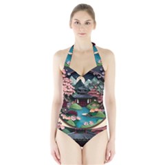 Japanese Garden Flowers Landscape Halter Swimsuit