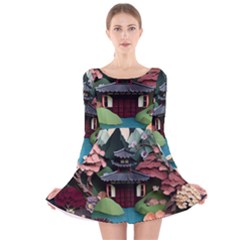 Japanese Garden Flowers Landscape Long Sleeve Velvet Skater Dress