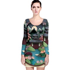 Japanese Garden Flowers Landscape Long Sleeve Velvet Bodycon Dress