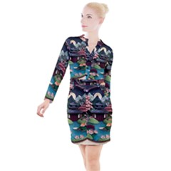 Japanese Garden Flowers Landscape Button Long Sleeve Dress