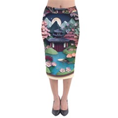 Japanese Garden Flowers Landscape Velvet Midi Pencil Skirt by Jancukart