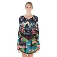 Japanese Garden Flowers Landscape Long Sleeve Velvet V-neck Dress