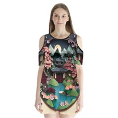 Japanese Garden Flowers Landscape Shoulder Cutout Velvet One Piece