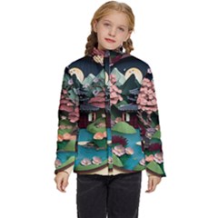 Japanese Garden Flowers Landscape Kids  Puffer Bubble Jacket Coat