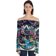 Japanese Garden Flowers Landscape Off Shoulder Long Sleeve Top by Jancukart