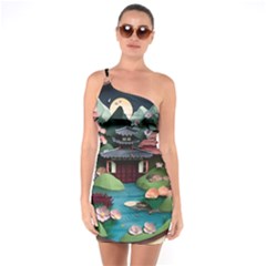 Japanese Garden Flowers Landscape One Shoulder Ring Trim Bodycon Dress