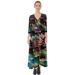 Japanese Garden Flowers Landscape Button Up Boho Maxi Dress