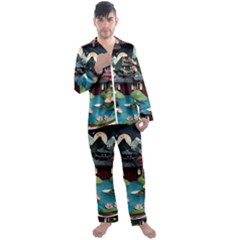 Japanese Garden Flowers Landscape Men s Long Sleeve Satin Pajamas Set by Jancukart