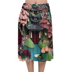 Japanese Garden Flowers Landscape Velvet Flared Midi Skirt