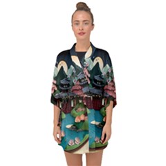 Japanese Garden Flowers Landscape Half Sleeve Chiffon Kimono