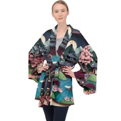 Japanese Garden Flowers Landscape Long Sleeve Velvet Kimono  by Jancukart