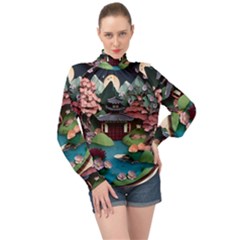 Japanese Garden Flowers Landscape High Neck Long Sleeve Chiffon Top by Jancukart