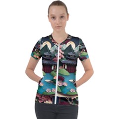 Japanese Garden Flowers Landscape Short Sleeve Zip Up Jacket