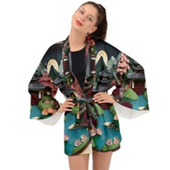 Japanese Garden Flowers Landscape Long Sleeve Kimono