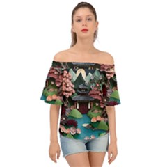 Japanese Garden Flowers Landscape Off Shoulder Short Sleeve Top