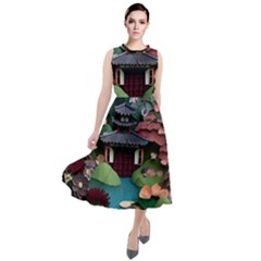 Japanese Garden Flowers Landscape Round Neck Boho Dress