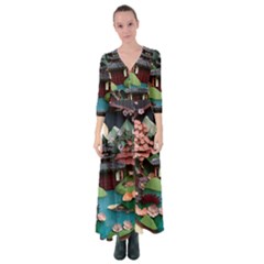 Japanese Garden Flowers Landscape Button Up Maxi Dress