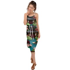 Japanese Garden Flowers Landscape Waist Tie Cover Up Chiffon Dress