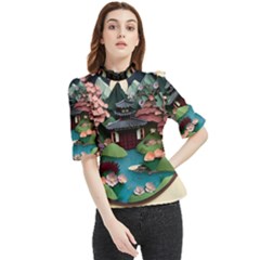 Japanese Garden Flowers Landscape Frill Neck Blouse