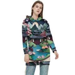 Japanese Garden Flowers Landscape Women s Long Oversized Pullover Hoodie