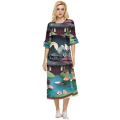 Japanese Garden Flowers Landscape Double Cuff Midi Dress by Jancukart