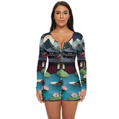 Japanese Garden Flowers Landscape Long Sleeve Boyleg Swimsuit