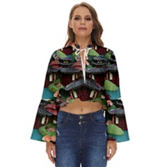 Japanese Garden Flowers Landscape Boho Long Bell Sleeve Top