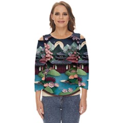 Japanese Garden Flowers Landscape Cut Out Wide Sleeve Top