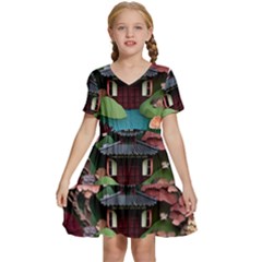 Japanese Garden Flowers Landscape Kids  Short Sleeve Tiered Mini Dress by Jancukart