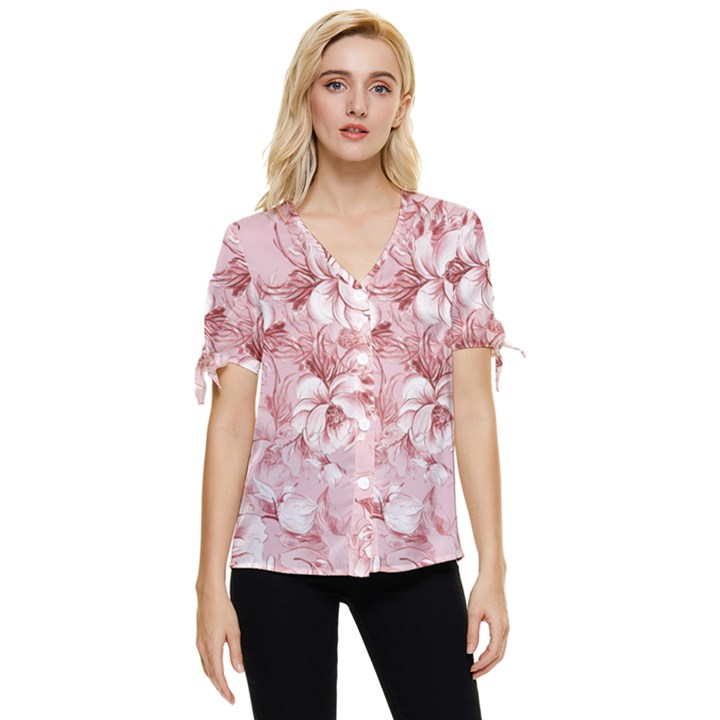 Flower Flowers Floral Flora Naturee Pink Pattern Bow Sleeve Button Up Top