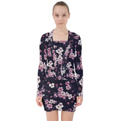 Sakura Flower Flowers Floral Flora Nature V-neck Bodycon Long Sleeve Dress