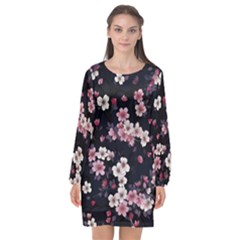 Sakura Flower Flowers Floral Flora Nature Long Sleeve Chiffon Shift Dress 