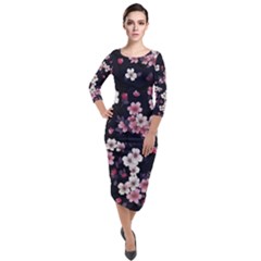 Sakura Flower Flowers Floral Flora Nature Quarter Sleeve Midi Velour Bodycon Dress