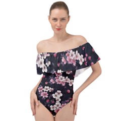 Sakura Flower Flowers Floral Flora Nature Off Shoulder Velour Bodysuit 