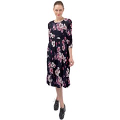 Sakura Flower Flowers Floral Flora Nature Ruffle End Midi Chiffon Dress