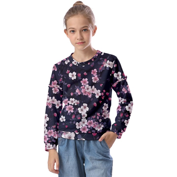 Sakura Flower Flowers Floral Flora Nature Kids  Long Sleeve Tee with Frill 