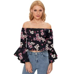 Sakura Flower Flowers Floral Flora Nature Off Shoulder Flutter Bell Sleeve Top