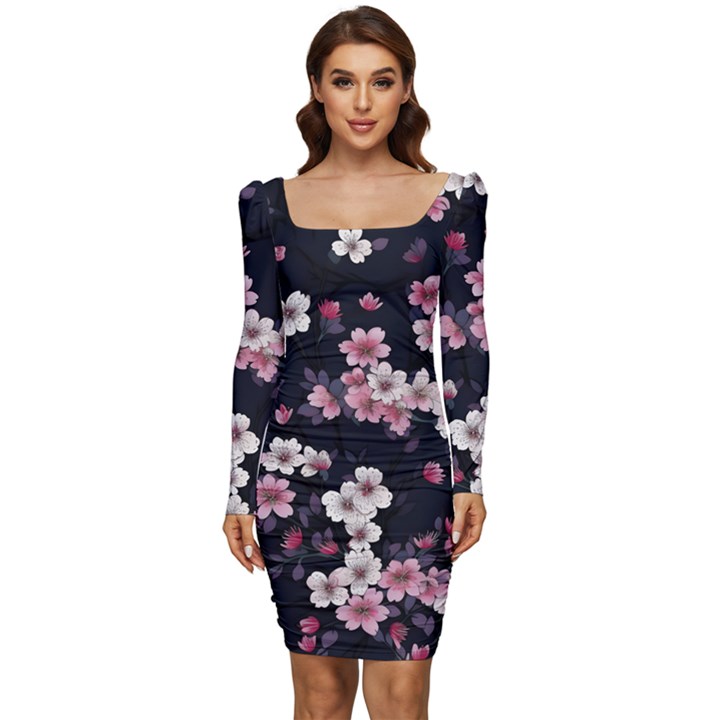 Sakura Flower Flowers Floral Flora Nature Women Long Sleeve Ruched Stretch Jersey Dress