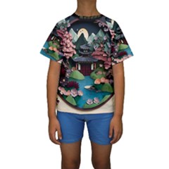 Japanese Garden Flowers Landscape Kids  Short Sleeve Swimwear by danenraven