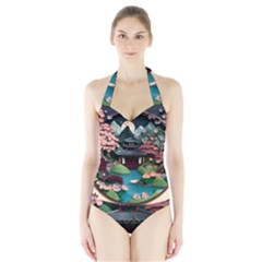 Japanese Garden Flowers Landscape Halter Swimsuit by danenraven