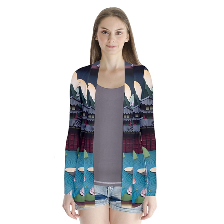 Japanese Garden Flowers Landscape Drape Collar Cardigan