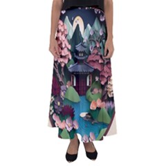 Japanese Garden Flowers Landscape Flared Maxi Skirt by danenraven