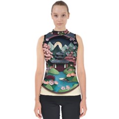 Japanese Garden Flowers Landscape Mock Neck Shell Top by danenraven