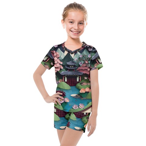 Japanese Garden Flowers Landscape Kids  Mesh Tee And Shorts Set by danenraven